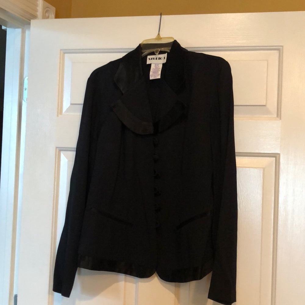 Ladies size 12 Tall 2 piece jacket & skirt!  Black with satin on collar & trim.